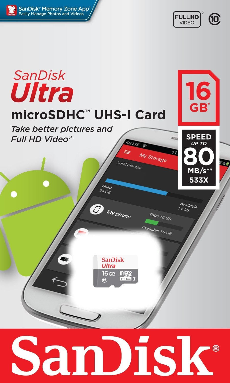 Imagen 2 del producto Micro SDHC Sandisk Clase 10 U1 16GB 80MB/s