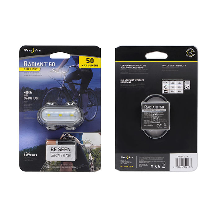 Imagen 1 del producto Luz Radiant 50 para bicicleta color blanco, 2 modos de funcionamiento, se puede montar de manera vertical u horizontal, 50 lúmenes, 180° visibilidad