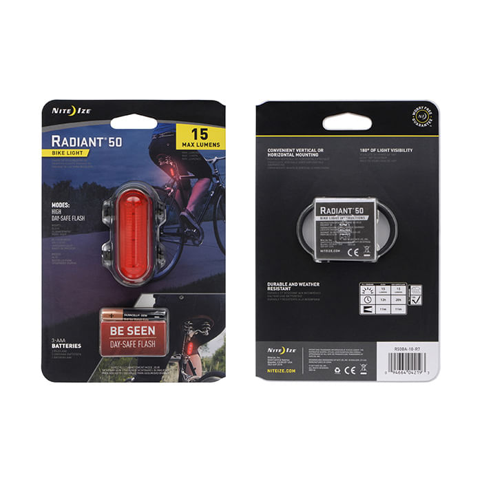 Imagen 1 del producto Luz Radiant 50 para bicicleta color rojo, 2 modos de funcionamiento, se puede montar de manera vertical u horizontal, 15 lúmenes, 180° visibilidad