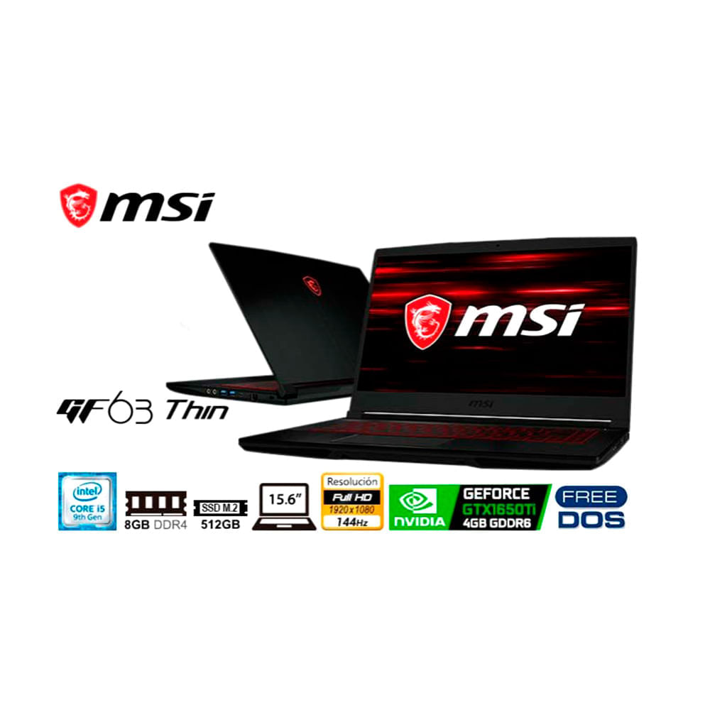Imagen 2 del producto Laptop gamer MSI GF63 THIN 9SCSR 15.6” Intel Core i5, 512GB SSD, 8GB RAM, GeForce GTX 1650 Ti, FreeDOS - sin sistema operativo