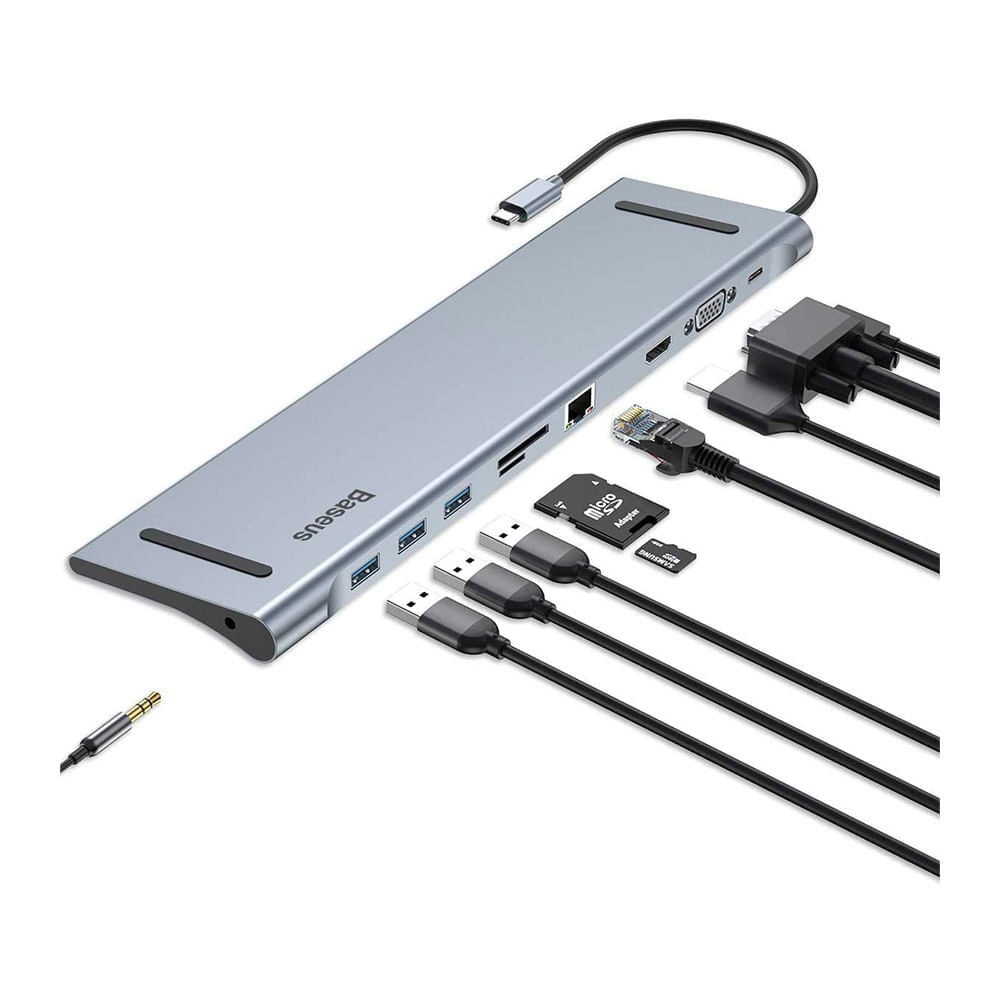 Imagen 1 del producto Hub Baseus Dockins Station 10 en 1, conector USB tipo C con puertos USB 3.0 x3/4K/HDMI/VGA/RJ45/SD/microSD/puerto de carga PD/3.5mm