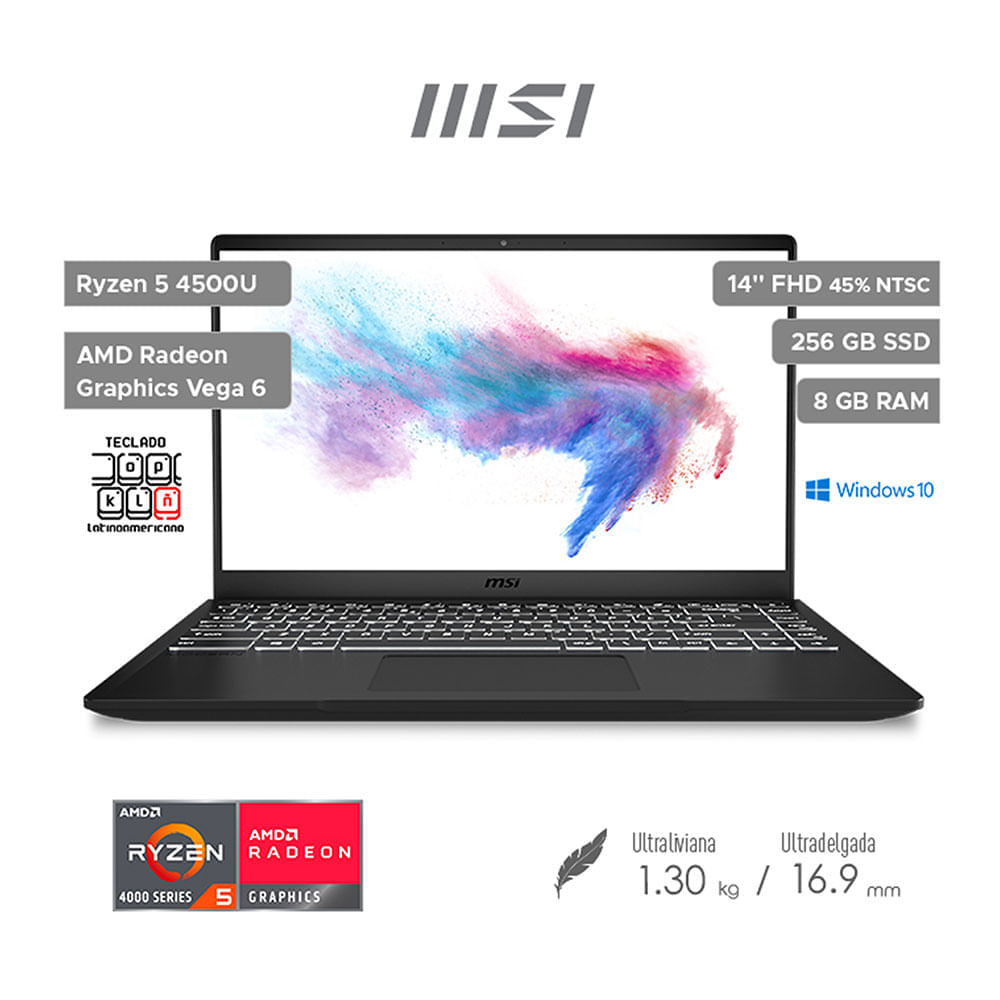 Imagen 2 del producto Laptop MSI Modern 14 B4MW-R5 14"" AMD Ryzen 5-4500, 256GB SSD, 8GB RAM, Radeon 6, Win10