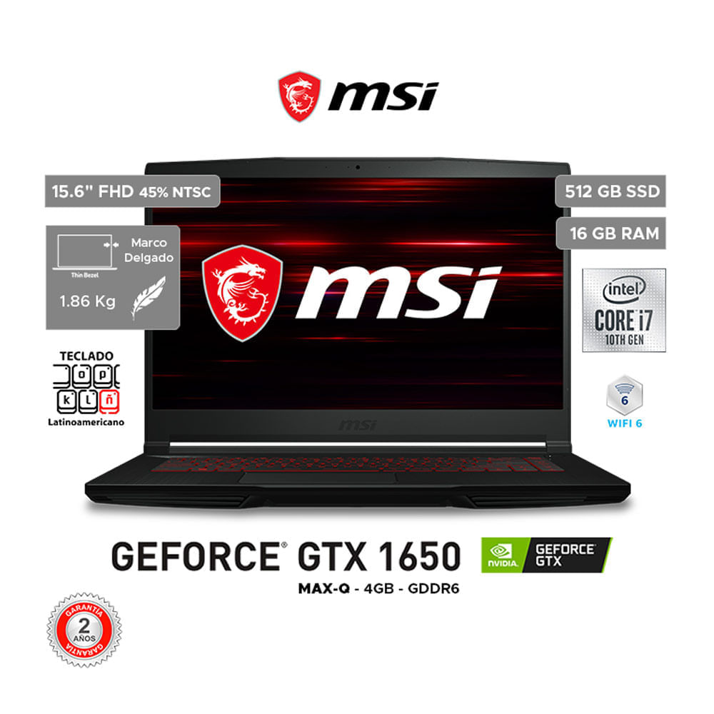 Imagen 2 del producto Laptop gamer Msi GF63 Thin 10SCXR 15.6"" Intel Core i7, 512GB SSD, 16GB RAM, GeForce GTX 1650, FreeDOS - sin sistema operativo, negro