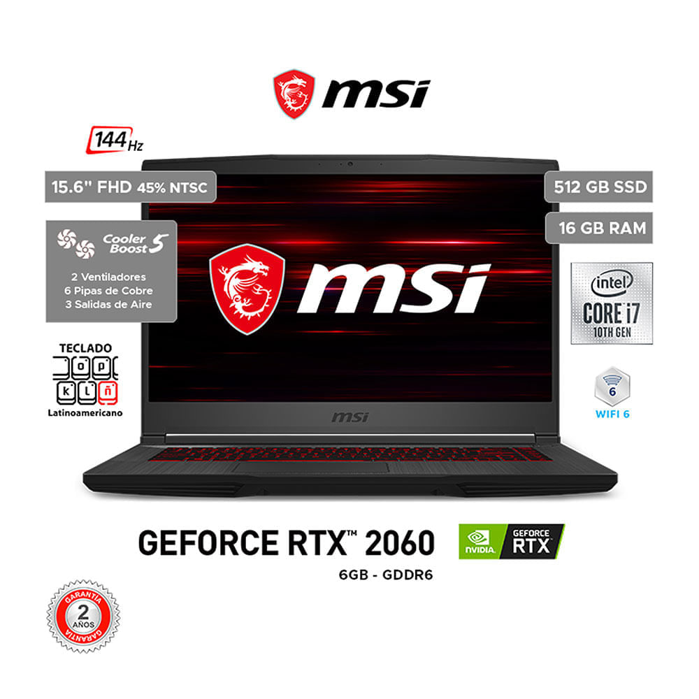 Imagen 2 del producto Laptop gamer Msi GF65 Thin 10SER 15.6"" Intel Core i7, 512GB SSD, 16GB RAM, GeForce RTX 2060, FreeDOS - sin sistema operativo, negro