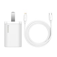 Cargador de pared Baseus Super Si cable tipo C a lightning, 20W, carga rápida, blanco, 1m