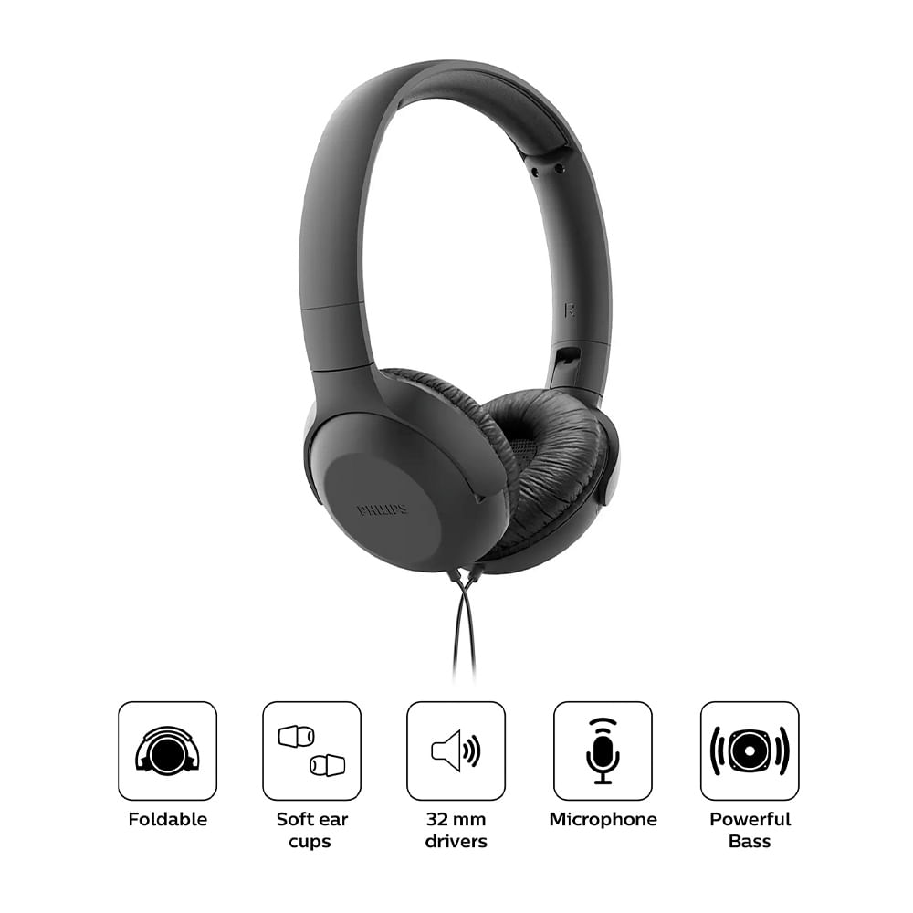 Imagen 2 del producto Audífonos on ear con micrófono Philips TAUH201 almohadillas acolchadas, conector 3.5 mm, control de música y llamadas, negro
