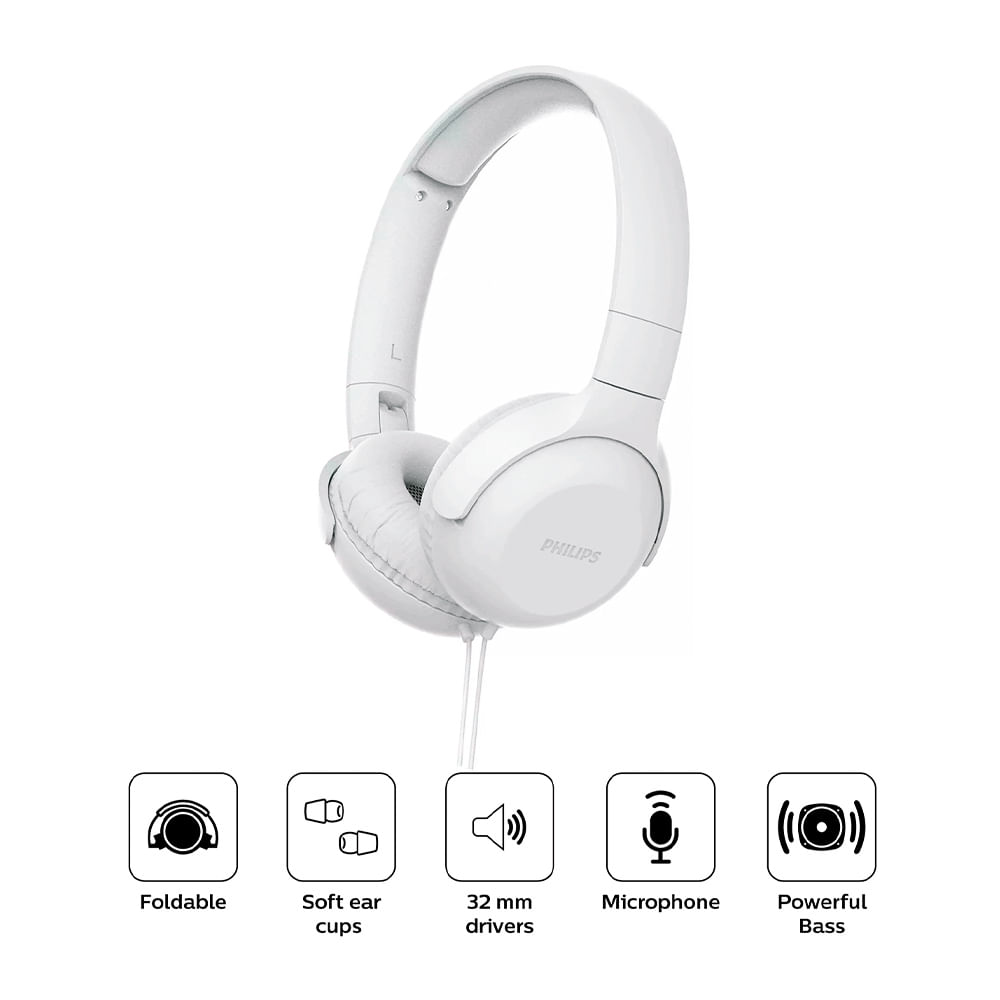 Imagen 2 del producto Audífonos on ear con micrófono Philips TAUH201 almohadillas acolchadas, conector 3.5 mm, control de música y llamadas, blanco