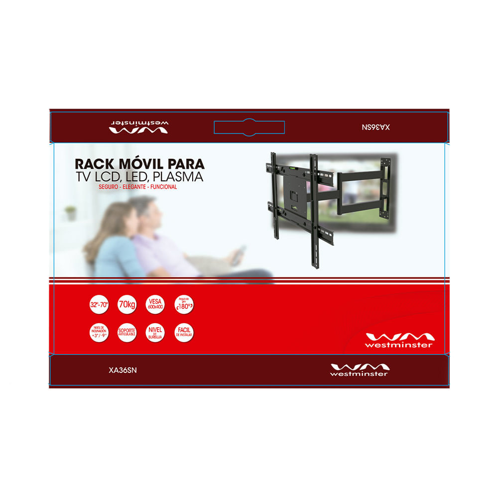 Imagen 2 del producto Rack móvil Westminster para TV de 32 a 70"", giro lateral hasta 180°, soporte de acero sólido, distancia máxima a pared 54 cm, peso máx. 70 kg, negro