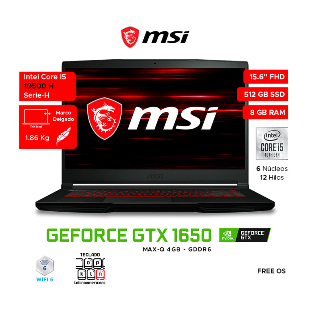 Imagen 2 del producto Laptop gamer Msi GF63 Thin 15.6"" Intel Core i5 10500H, 512GB SSD, 8GB RAM, GeForce GTX1650 4GB, FreeDOS - sin sistema operativo, negro
