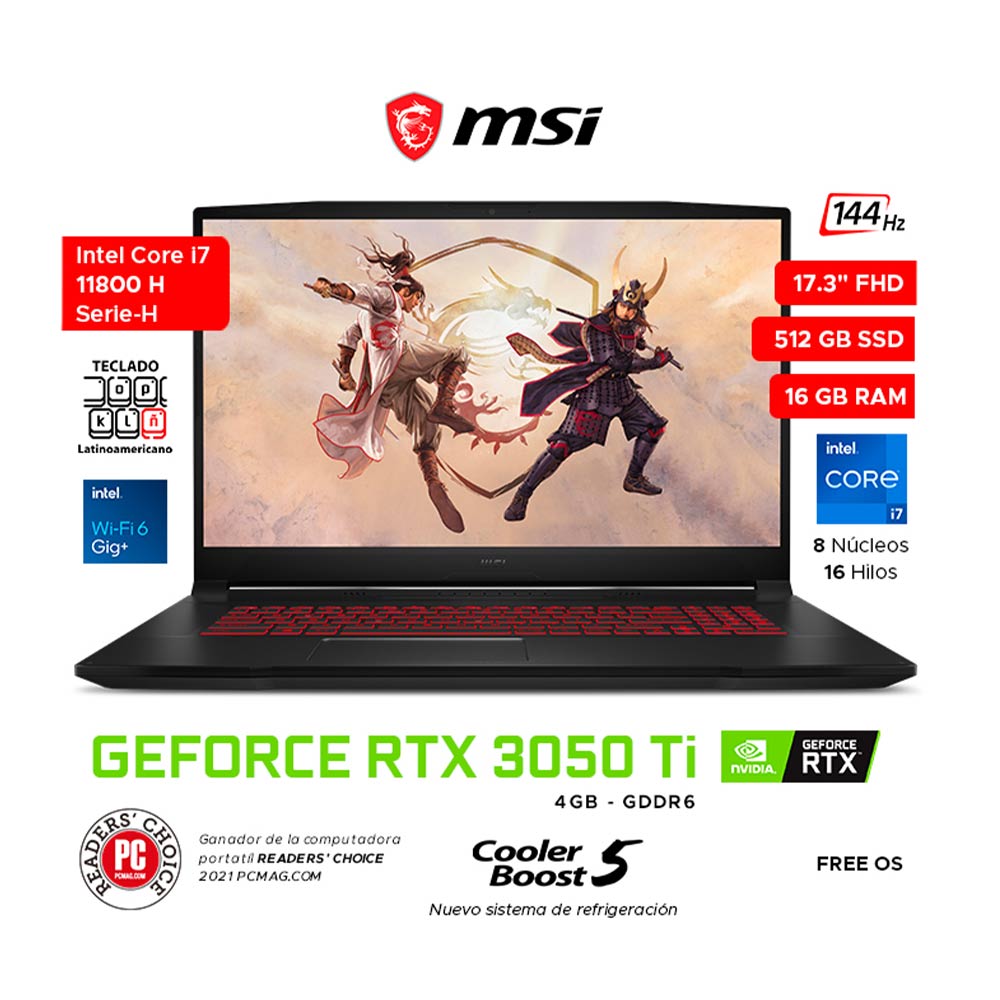 Imagen 2 del producto Laptop gamer Msi Katana GF76 17.3"" Intel Core i7, 512GB SSD, 8GB RAM, GeForce RTX 3050 Ti, FreeDOS - sin sistema operativo, negro