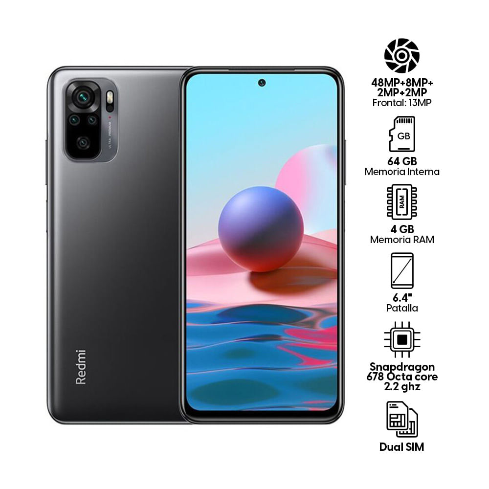Imagen 2 del producto Celular Xiaomi Redmi Note 10 64GB, 4GB RAM, cámara trasera 48MP y frontal 13MP, 6.4"", negro
