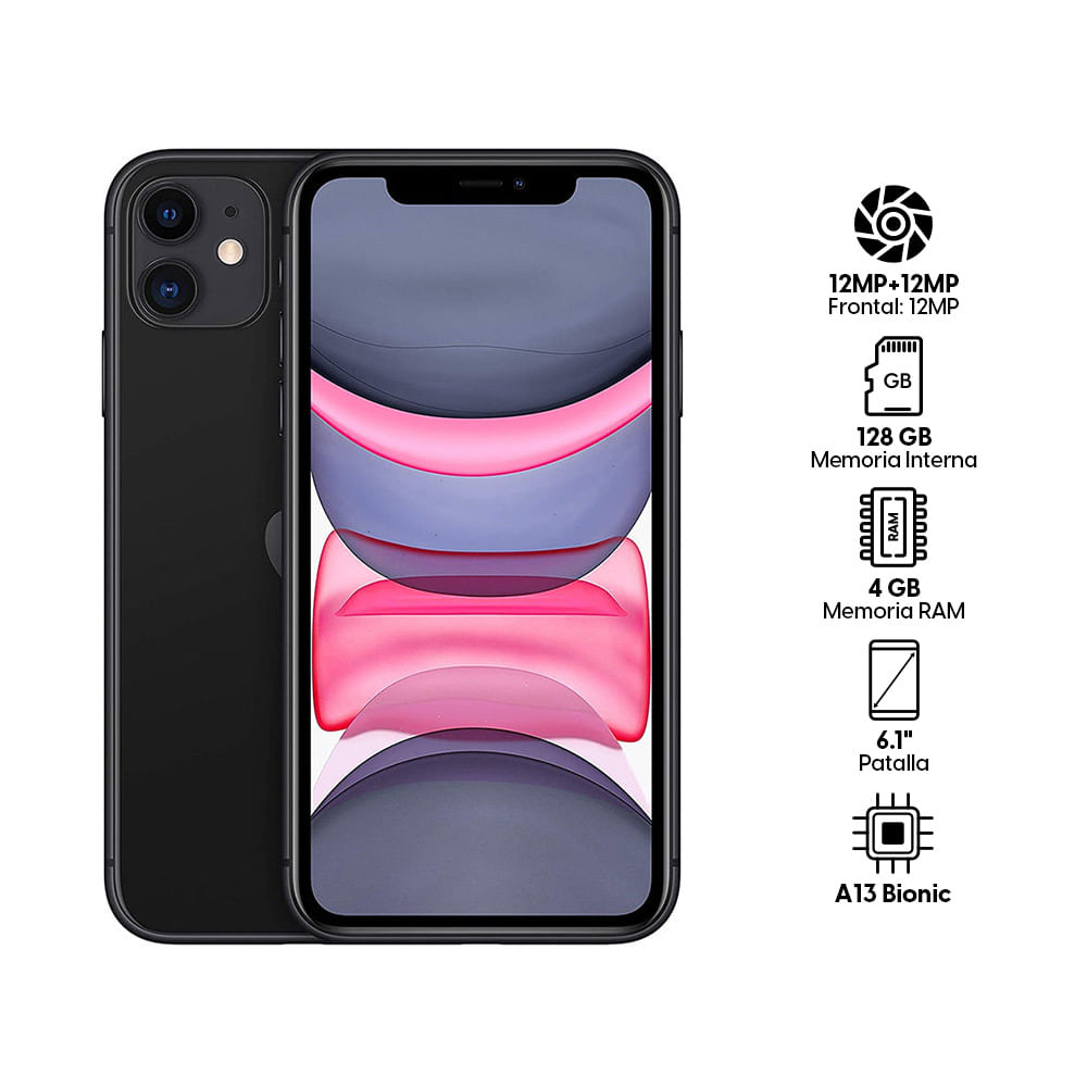 Imagen 2 del producto iPhone 11 128GB, 4GB RAM, cámara trasera 12MP y frontal 12MP, 6.1"", A13 Bionic, negro