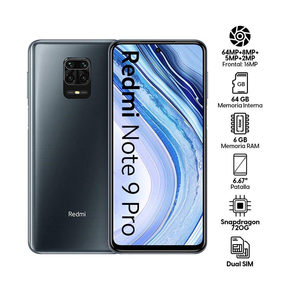 Imagen 2 del producto Celular Xiaomi Redmi Note 9 Pro 64GB, 6GB ram, cámara principal 64MP + 8MP + 5MP + 2MP, frontal 16MP, 6.67"", Snapdragon, gris