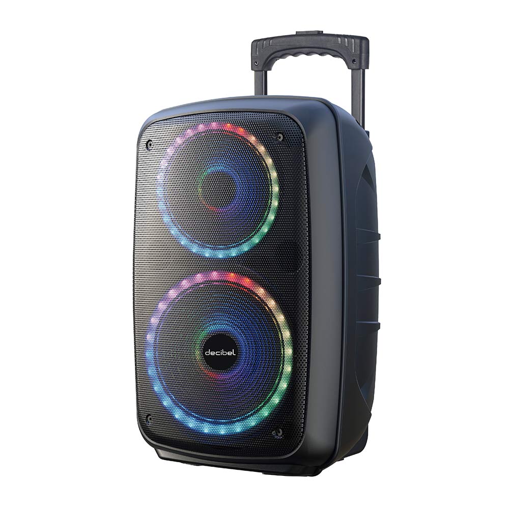 Parlante de torre Bluetooth Decibel, 50W, Altavoces de 6.5” y 8”, Luces Led, Puerto USB, FM, control remoto