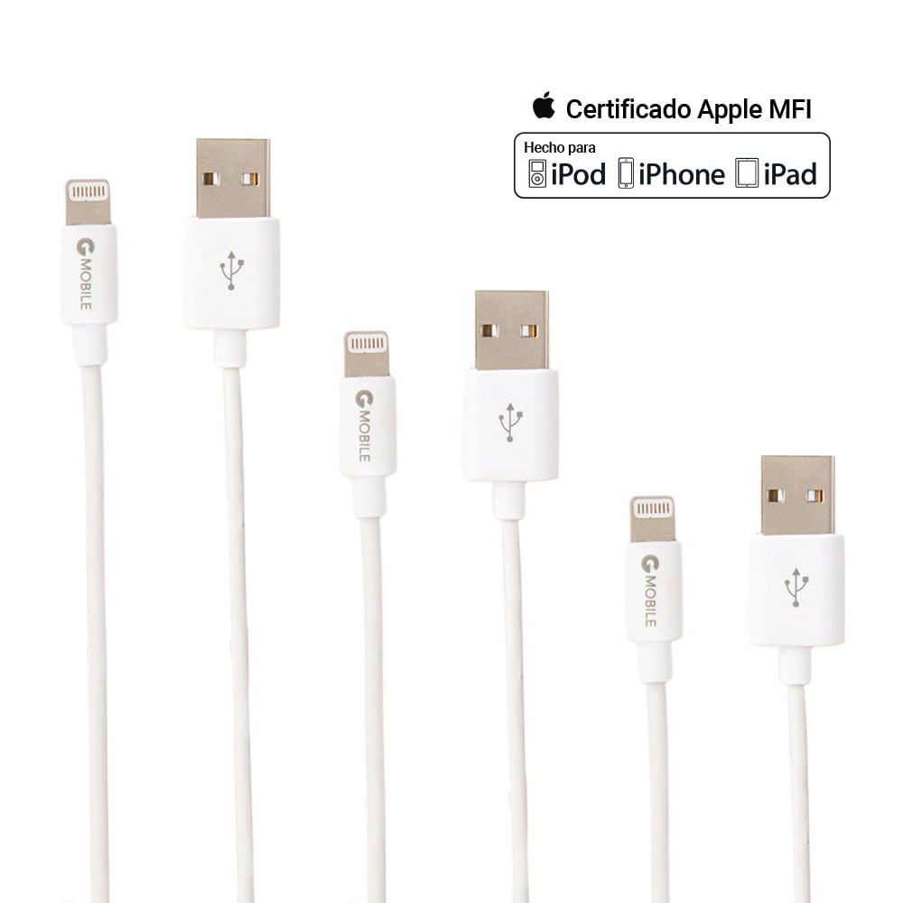 Imagen 2 del producto Pack cables lightning a usb Coolbox GMobile 0.3 m + 1 m + 2 m, certificado Apple MFi, blanco
