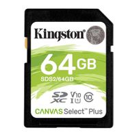 Tarjeta SD Kingston Canvas Select Plus 64GB, Clase 10 U1, velocidad de lectura 100MB/s, ideal para cámaras y celulares, grabación HD