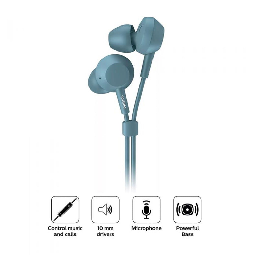 Imagen 2 del producto Audífonos in ear con micrófono Philips TAE4105 conector 3.5 mm, control de música y llamadas, azul