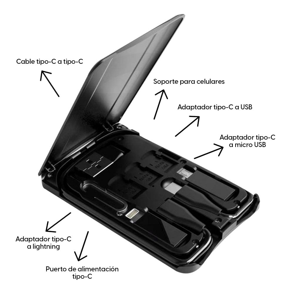 Imagen 2 del producto Adaptador de cables 6 en 1 Radioshack tarjetero, cargador inalámbrico, usb, tipo C, lightning, soporte para celular, negro