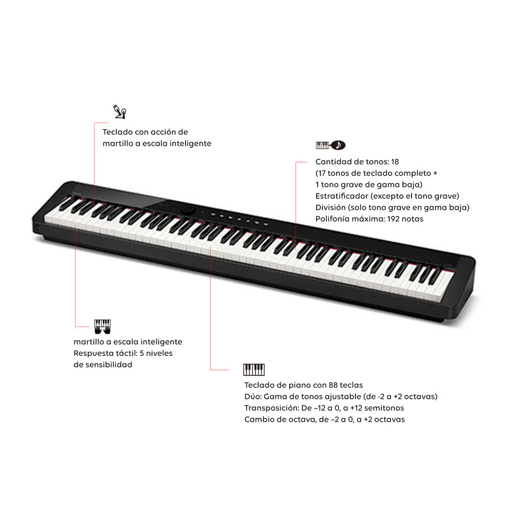 Imagen 2 del producto Piano digital Casio PX-S1000BKC2, teclado con acción de martillo, 88 teclas, 18 tonos, negro