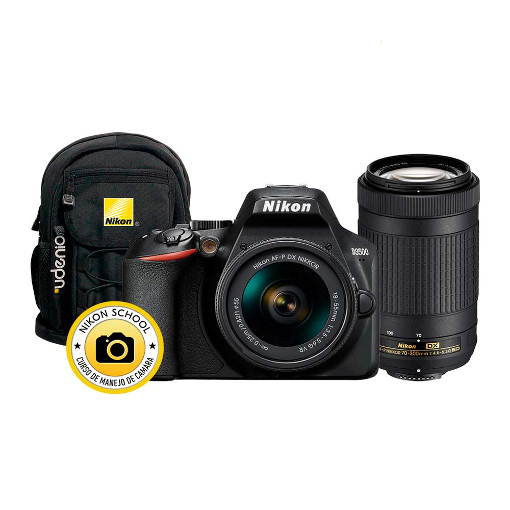 Imagen 1 del producto Cámara Nikon D3500, 24.2 MP, Full HD + Lente 18-55mm f/3.5-5.6 VR + Lente 70-300mm f/4.5-6.3 ED + Mochila + SD 32GB
