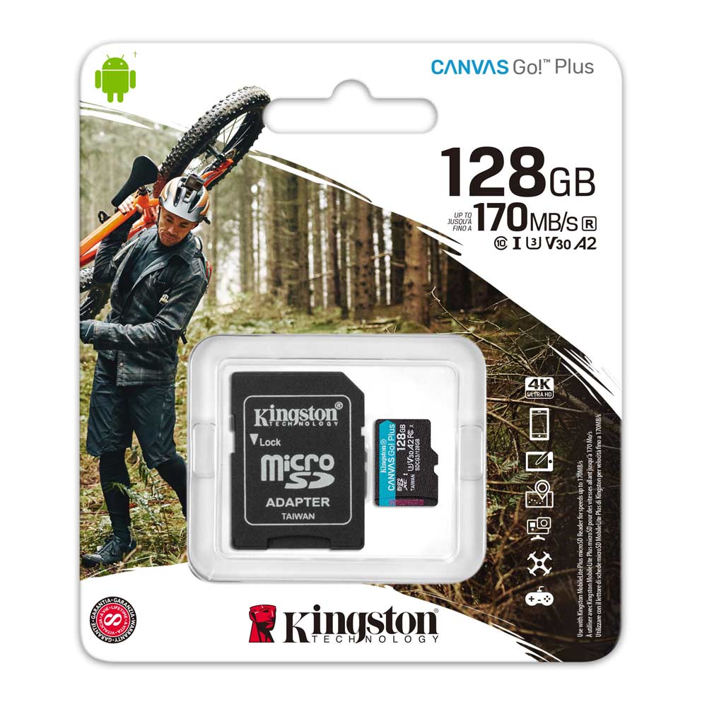 Imagen 2 del producto Tarjeta MicroSDXC Kingston Canvas Go Plus 128GB, A2, U3, V30, 170 MB/s, incluye adaptador