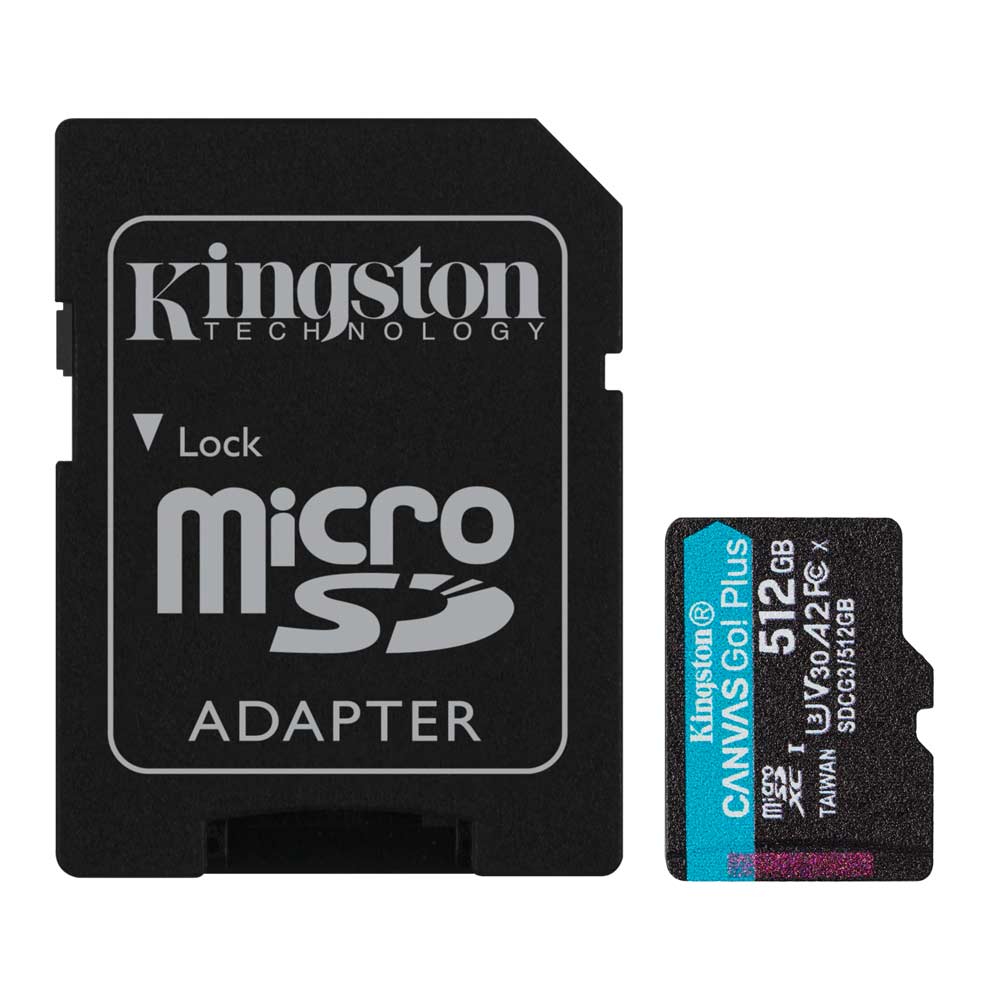 Imagen 1 del producto Tarjeta MicroSDXC Kingston Canvas Go Plus 512GB, A2, U3, V30, 170 MB/s, incluye adaptador