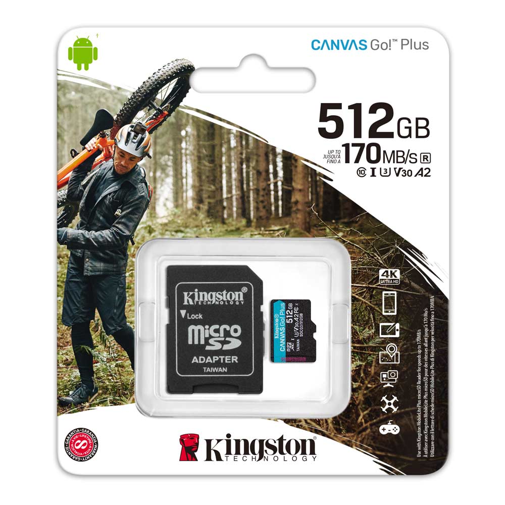 Imagen 2 del producto Tarjeta MicroSDXC Kingston Canvas Go Plus 512GB, A2, U3, V30, 170 MB/s, incluye adaptador