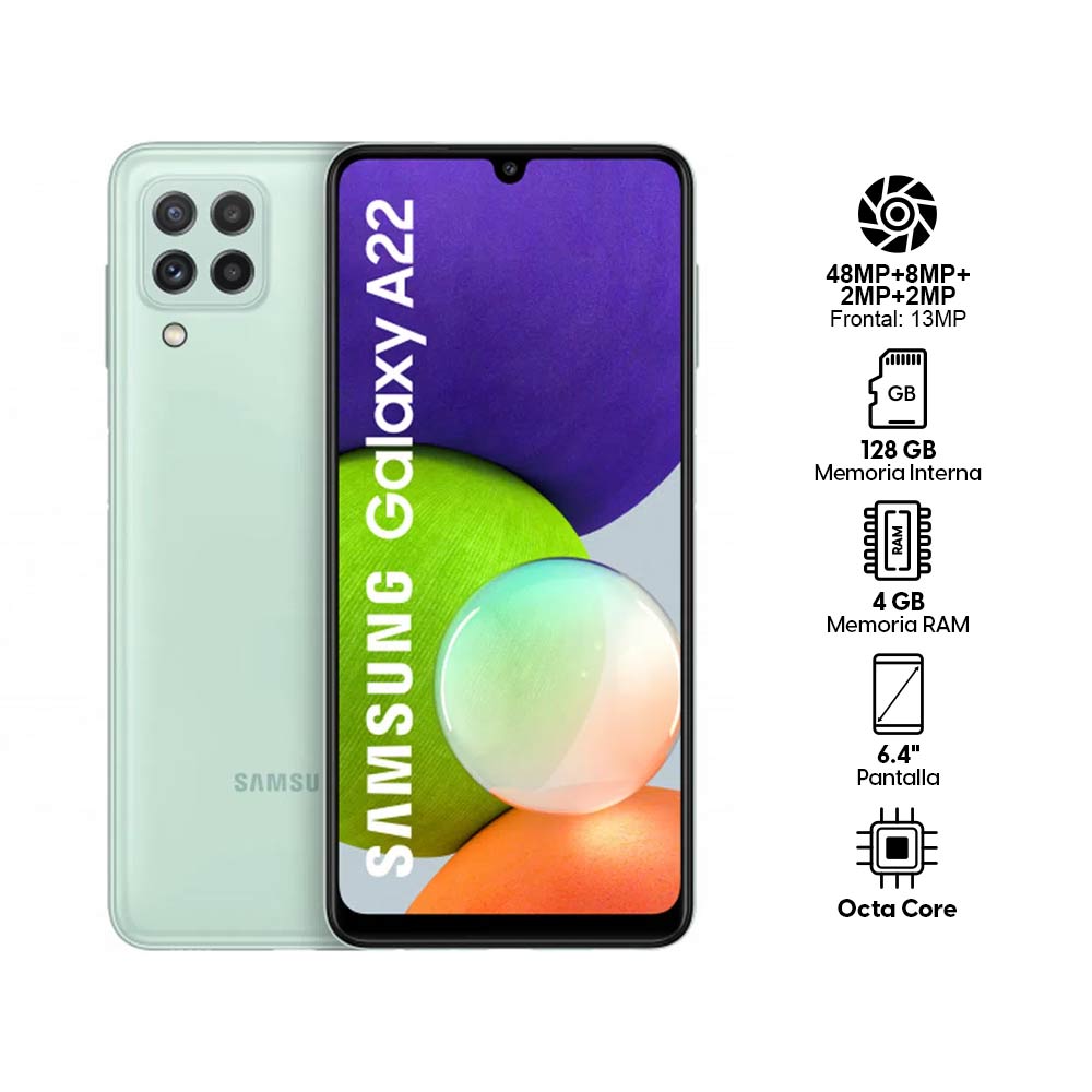 Imagen 2 del producto Celular Samsung Galaxy A22 128GB, 4GB RAM, cámara trasera 48MP y frontal 13MP, 6.4"", Mediatek, verde