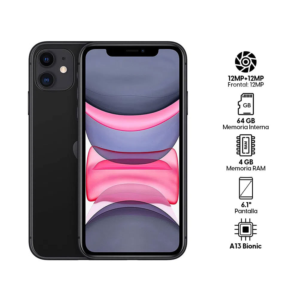 Imagen 2 del producto iPhone 11 64GB, 4GB RAM, cámara trasera 12MP y frontal 12MP, 6.1"", A13 Bionic, negro