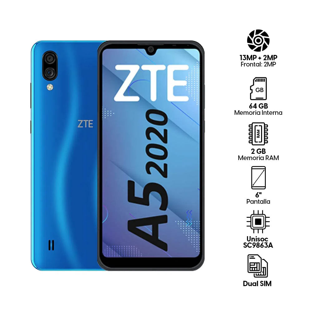 Imagen 2 del producto Celular ZTE BLADE A5, 64GB, 2GB RAM, cámara trasera 13MP y frontal 8MP, 6"", azul