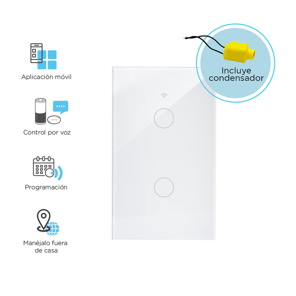 Imagen 2 del producto Interruptor inteligente iSmart SH-SSN-02W iSwitch wi-fi, 2 toques, sin neutro, blanco