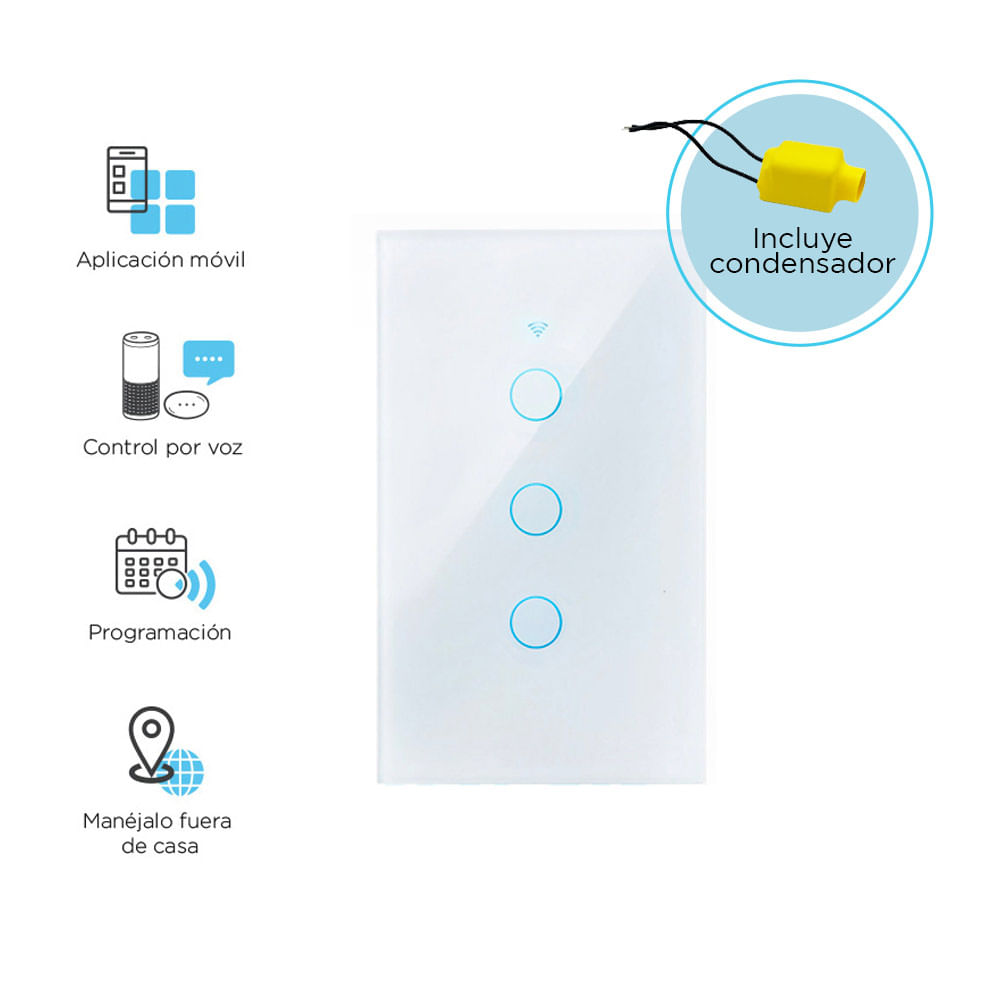 Imagen 2 del producto Interruptor inteligente iSmart SH-SSN-03W iSwitch wi-fi, 3 toques, sin neutro, blanco