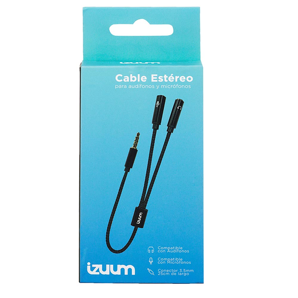 Imagen 2 del producto Cable splitter Izuum 3.5mm, 1 entrada a 2 salidas para audífono y micrófono, 25 cm negro