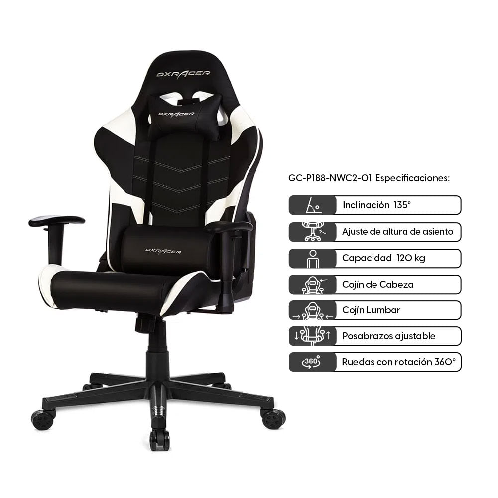 Imagen 2 del producto Silla gamer DXRacer P Series gas lift clase 4, tapiz pu, máx. 120 kg, inclinación 90 - 135°, negro y blanco