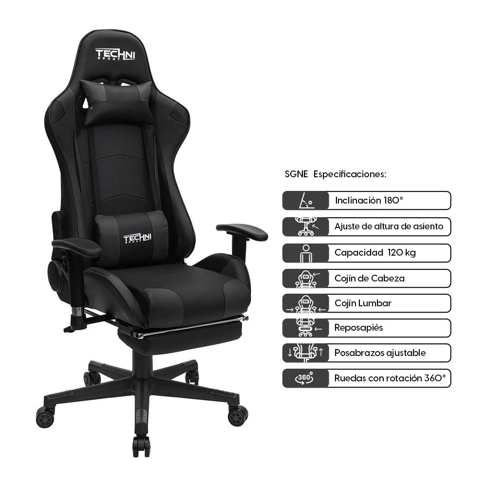 Imagen 2 del producto Silla gamer Technisport gas clase 2, tapiz cuero pu, máx. 120 kg, inclinación 180°, negro