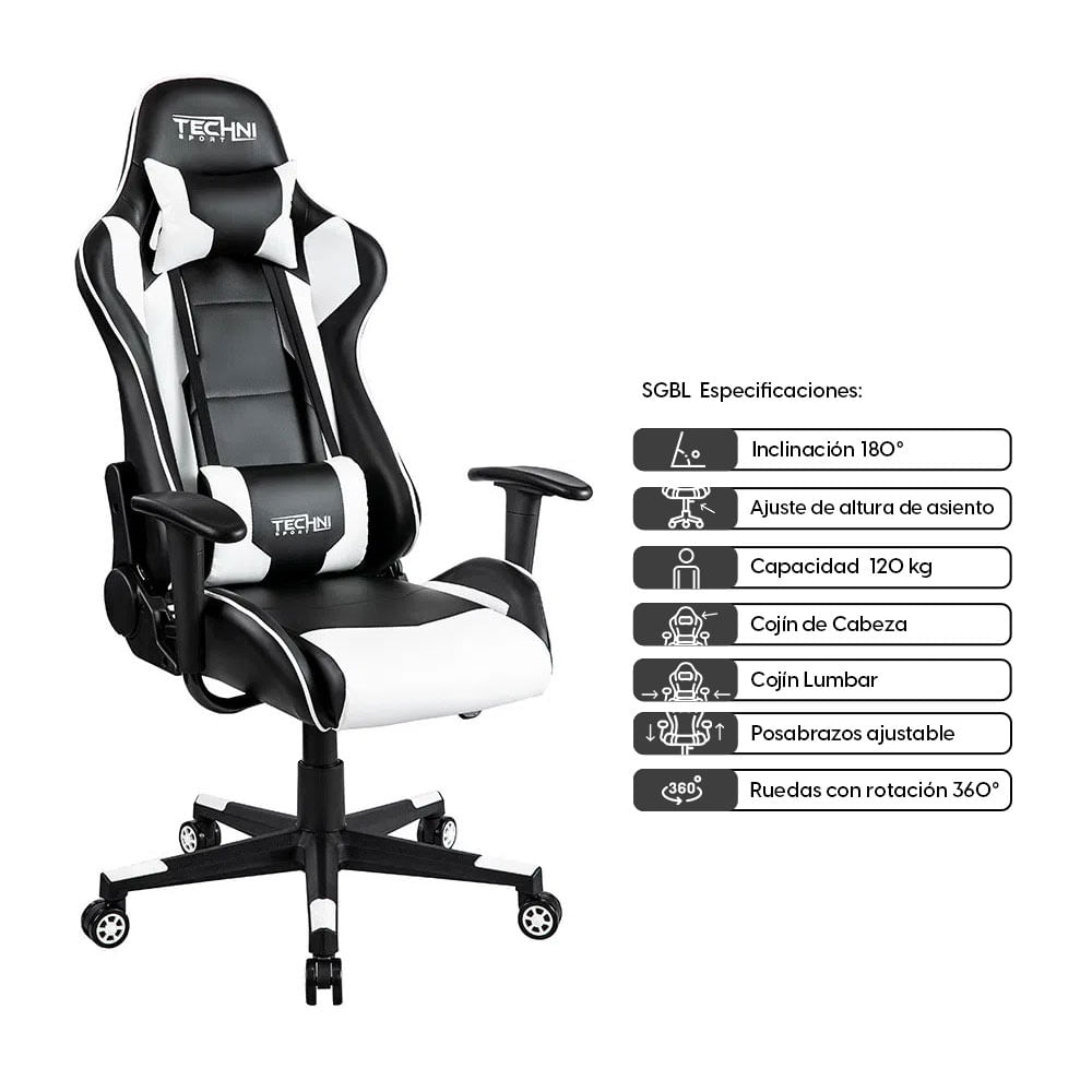 Imagen 2 del producto Silla gamer Technisport gas clase 2, tapiz cuero pu, máx. 120 kg, inclinación 180°, negro y blanco
