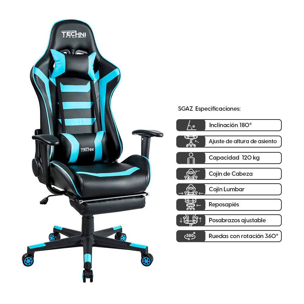 Imagen 2 del producto Silla gamer Technispor, sistema de elevación a gas clase 2, tapiz cuero pu, resiste un máx. 120 kg, inclinación 180°, color celeste con negro