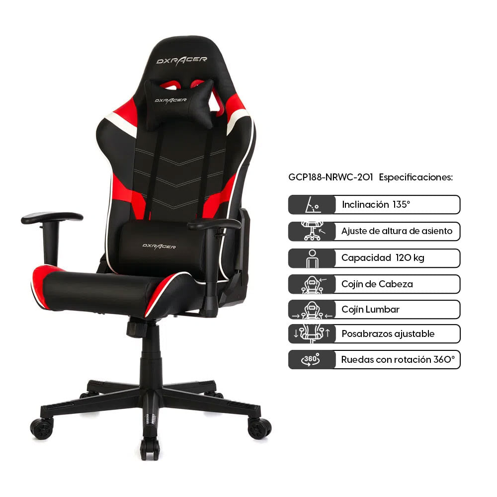 Imagen 2 del producto Silla gamer DXRacer P Series gas lift clase 4, tapiz pu, máx. 120 kg, inclinación 90 - 135°, negro y rojo
