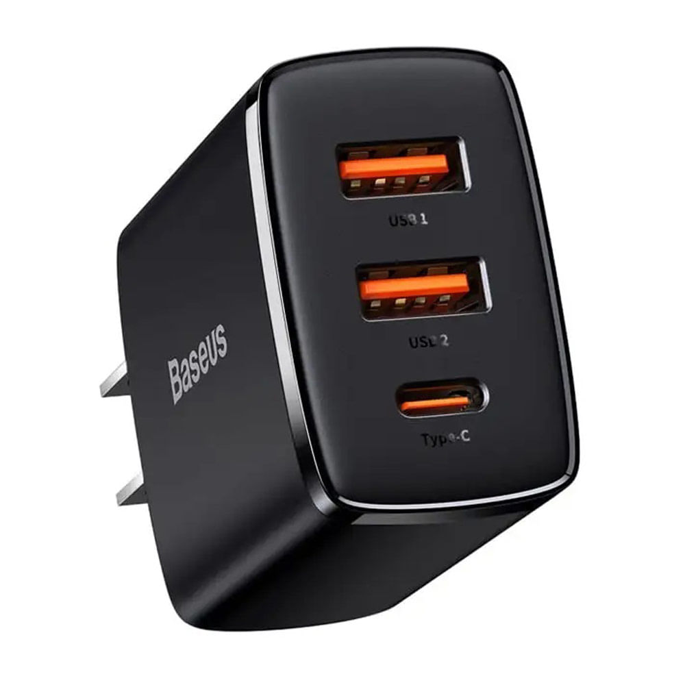 Cargador de pared Baseus 3 en 1, 2 puerto usb, 1 puerto tipo C, 30W, para iOS y android, negro