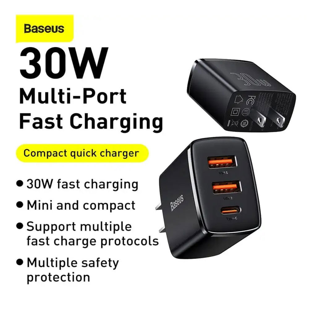 Imagen 2 del producto Cargador de pared Baseus 3 en 1, 2 puerto usb, 1 puerto tipo C, 30W, para iOS y android, negro