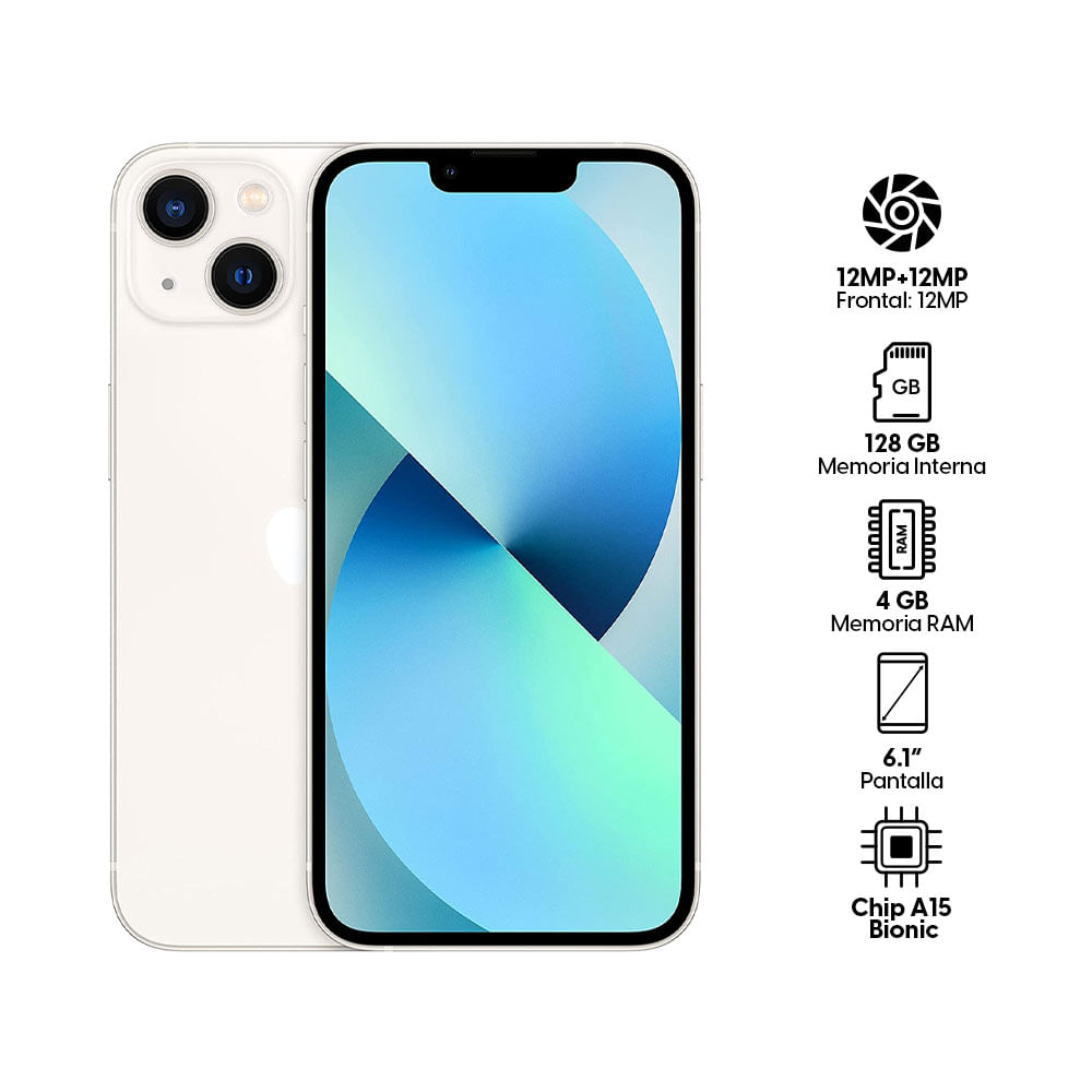 Imagen 2 del producto iPhone 13 128GB, 4GB RAM, cámara trasera 12MP y frontal 12MP, 6.1"", blanco