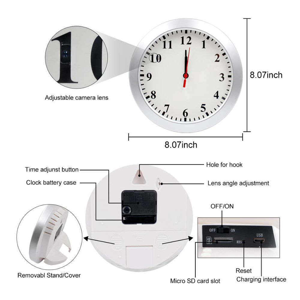 Imagen 2 del producto Cámara reloj de pared Digital Perú ACC0665 wi-fi, full HD, visión nocturna, recargable, gris