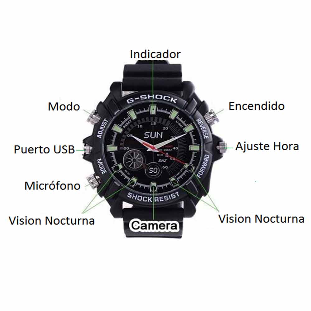 Imagen 2 del producto Cámara reloj Digital Perú W1000 full HD, memoria interna 16 GB, tiempo de grabación máx. 1 hora, negro