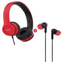 Audífonos on ear con micrófono + Audífonos in ear con micrófono Izuum, rojo