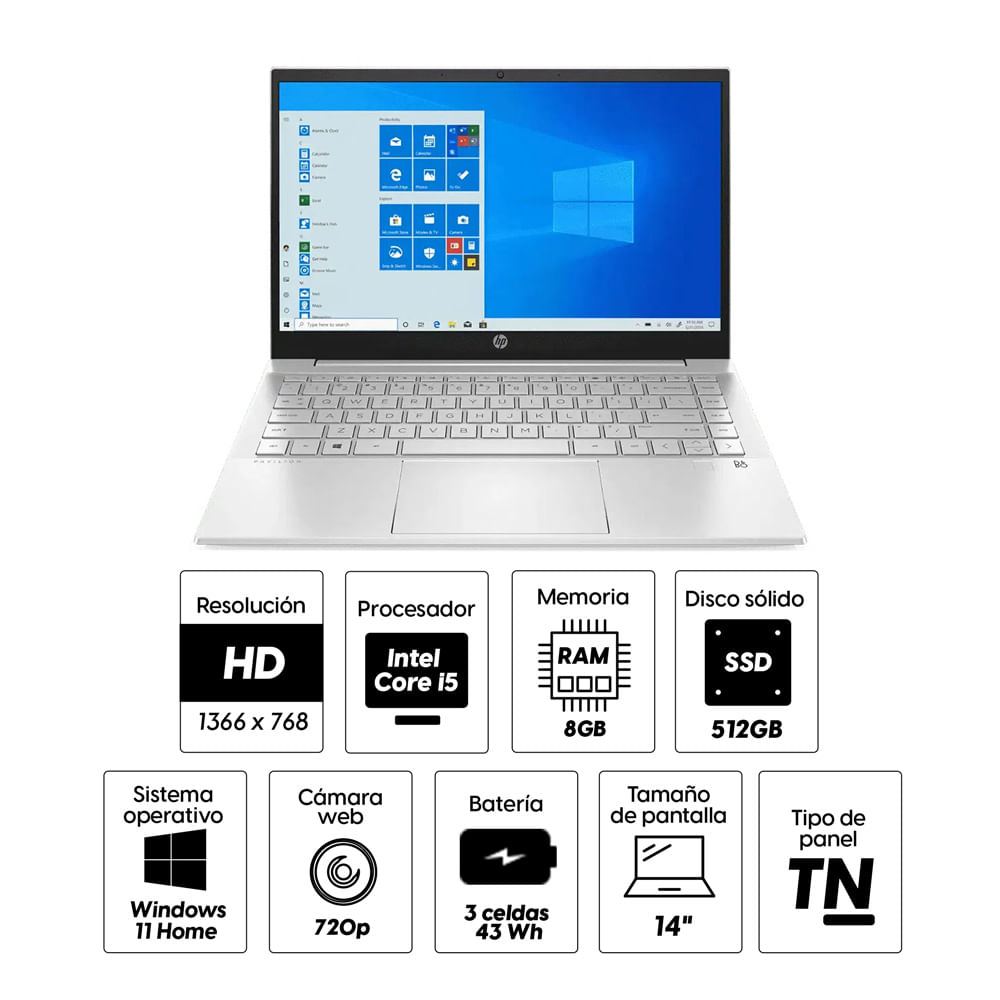 Imagen 2 del producto Laptop HP Pavilion 114-DV0502LA 14"" Intel Core i5-1135G7 11va Gen, 512GB SSD, 8GB RAM, Iris X, Win11 Home, plata