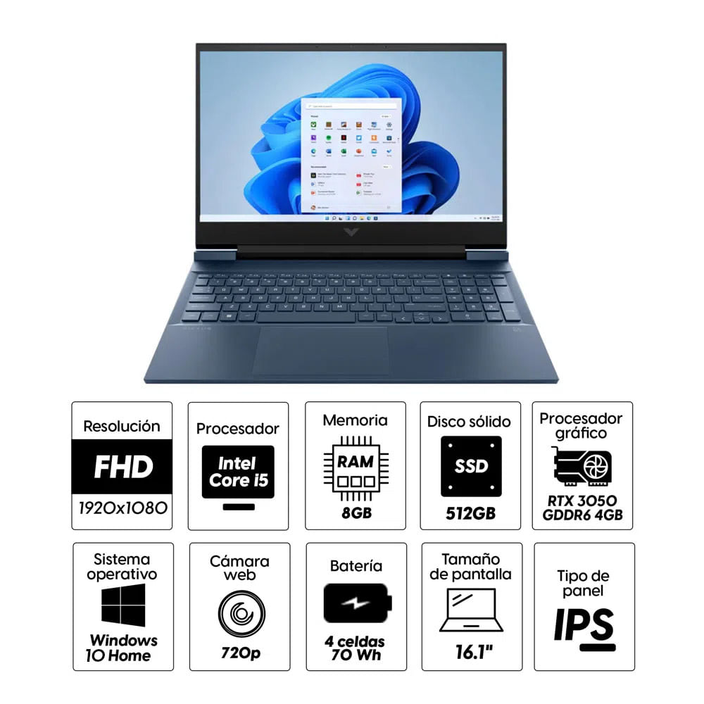Imagen 2 del producto Laptop gamer HP Victus 16-D0507LA 16.1"" Intel Core i5-11400H 11va Gen, 512GB SSD, 8GB RAM, GeForce RTX 3050 4GB, Win10 Home, azul