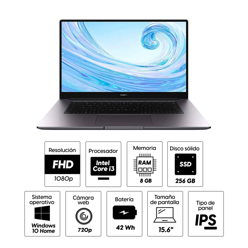 Imagen 2 del producto Laptop Huawei Matebook D15, 15.6"" Intel Core i3 10ma Gen-10110U, 256GB, 8GB RAM, UHD Graphics 620, Win10 Home, gris