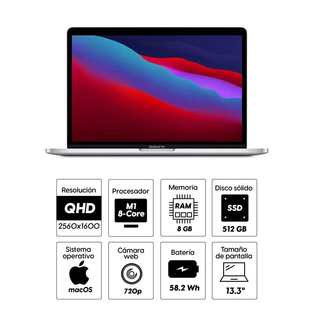 Imagen 2 del producto Laptop Apple MacBook Pro 13.3"" Chip M1 8-core, 512GB SSD, 8GB RAM, Iris plus, macOS