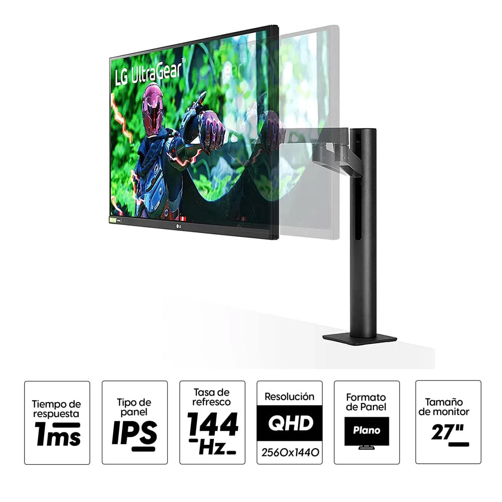 Imagen 2 del producto Monitor gamer 27"" LG Ergo Nano UltraGear 27GN880-B Panel IPS, QHD, 1ms, 144 Hz, FreeSync
