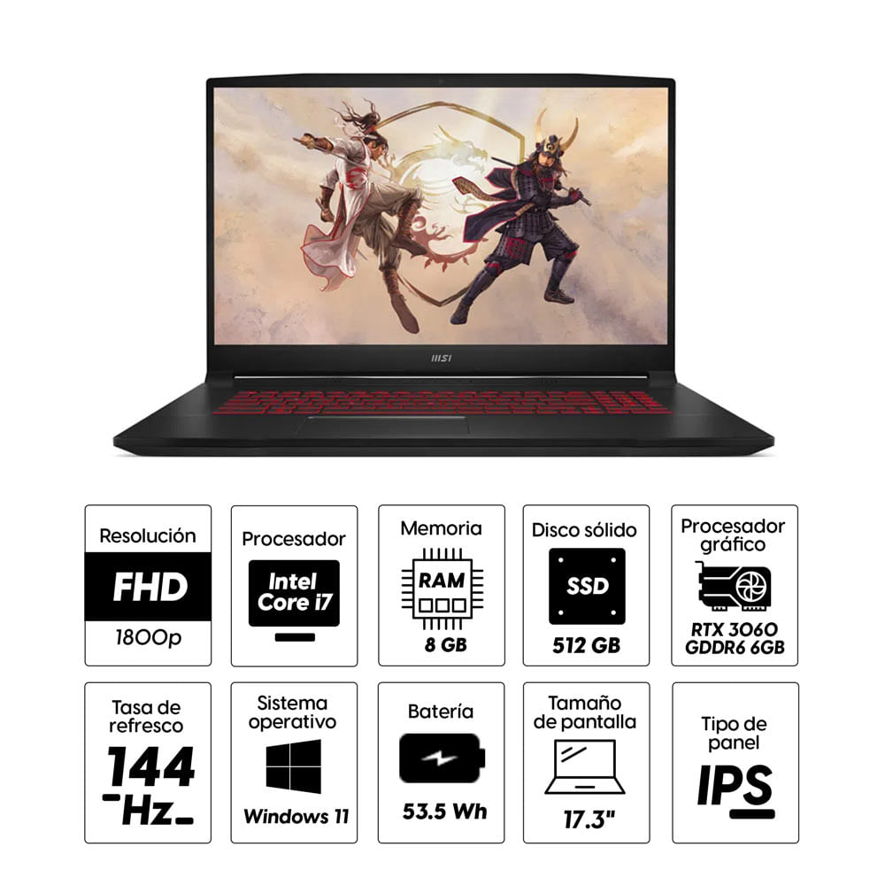 Imagen 2 del producto Laptop gamer Msi GF76 Katana 17.3"" Intel Core i7 12va Gen-12700H, 512GB SSD, 8GB RAM, GeForce RTX 3060 6GB, Win11 Home, negro